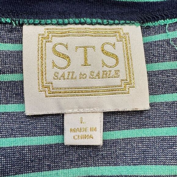 Sail to Sable Navy Blue & Green Striped Shift Dress Gold Buttons Size Large - Picture 3 of 6